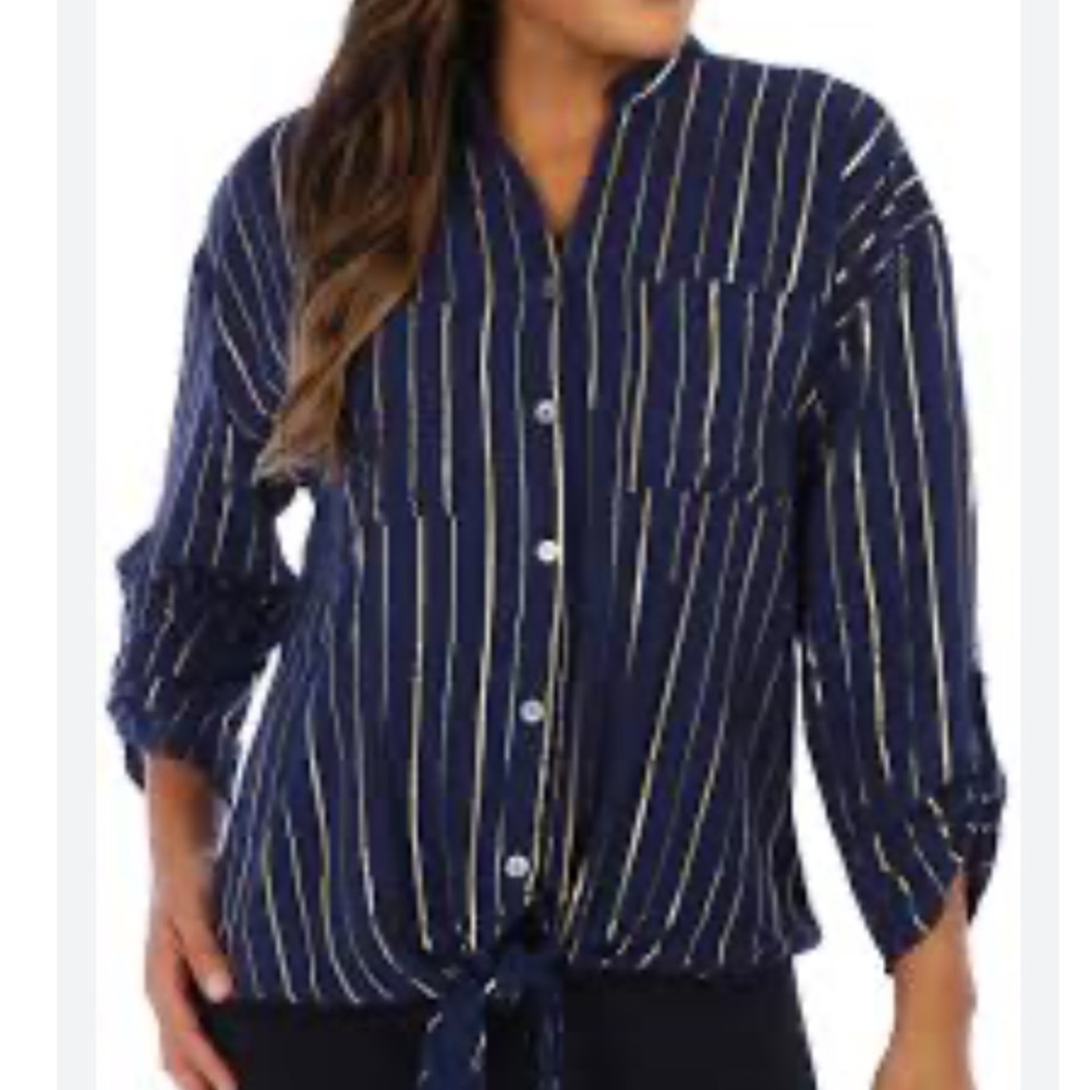 Navy Blue & Gold Striped Button-Up Blouse size L NWT